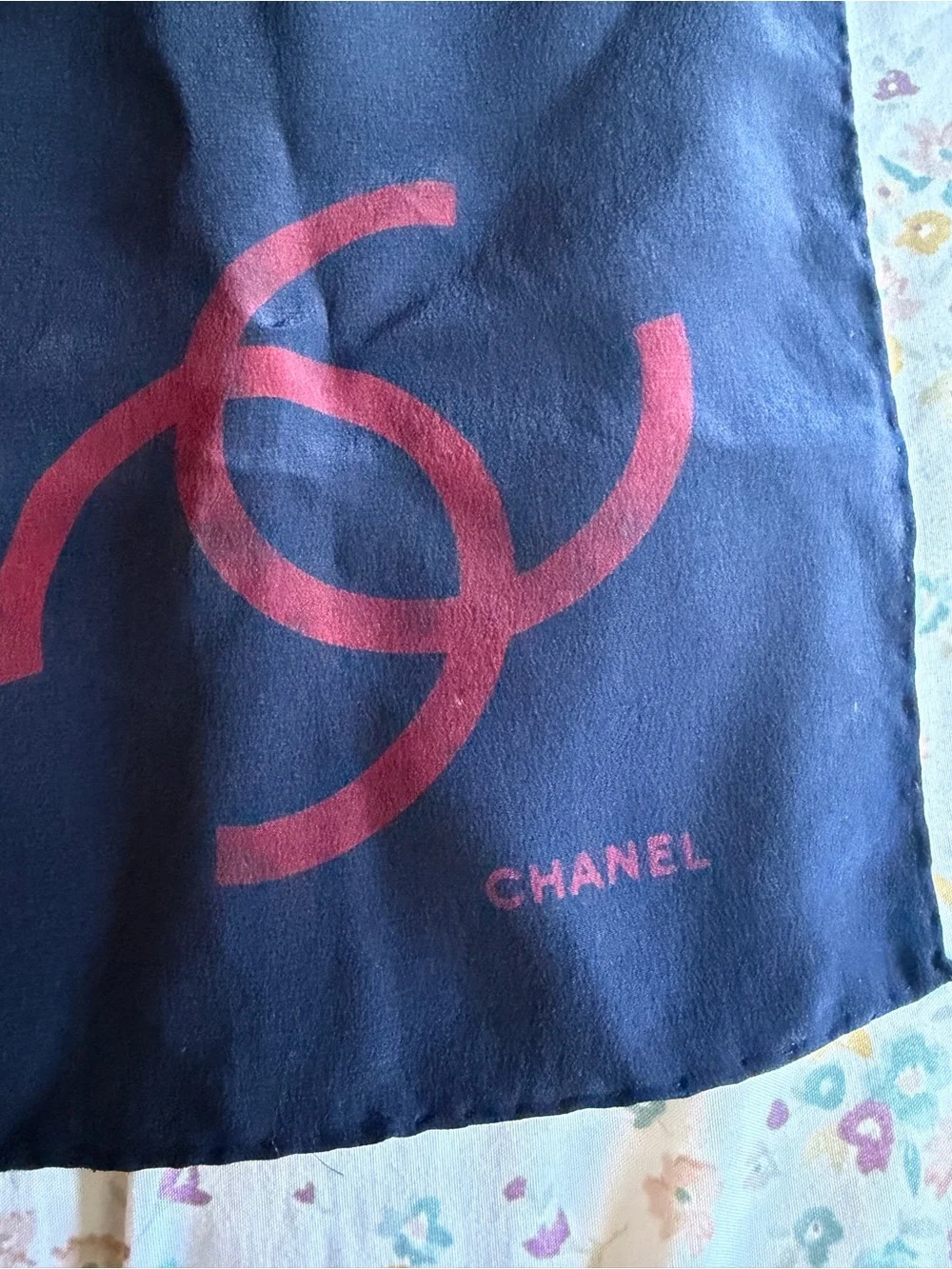 CHANEL Navy Silk Square Scarf with Burgundy Interlocking CCs